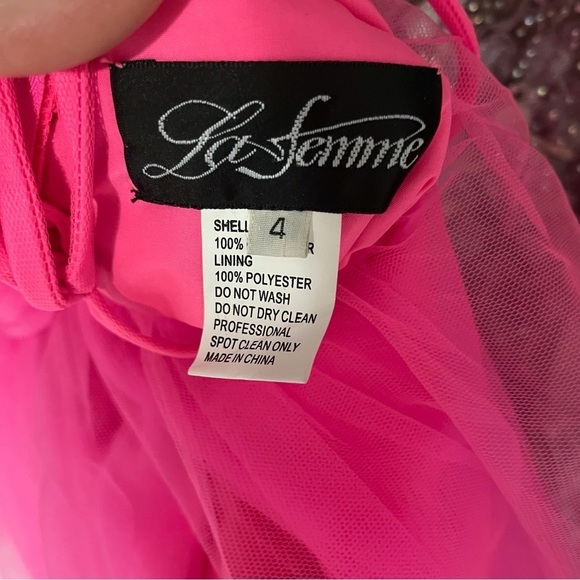 La Femme Neon Light Tulle Gown Bright Pink Size 4 Side Pockets Leg Slit Prom - Picture 9 of 11